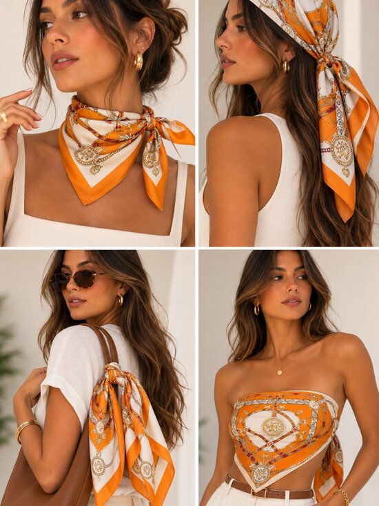 Accessories - Orange Equestrian Chain Belt Print Scarf